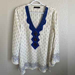 Honey Punch Cream and Blue Tunic Top Medium